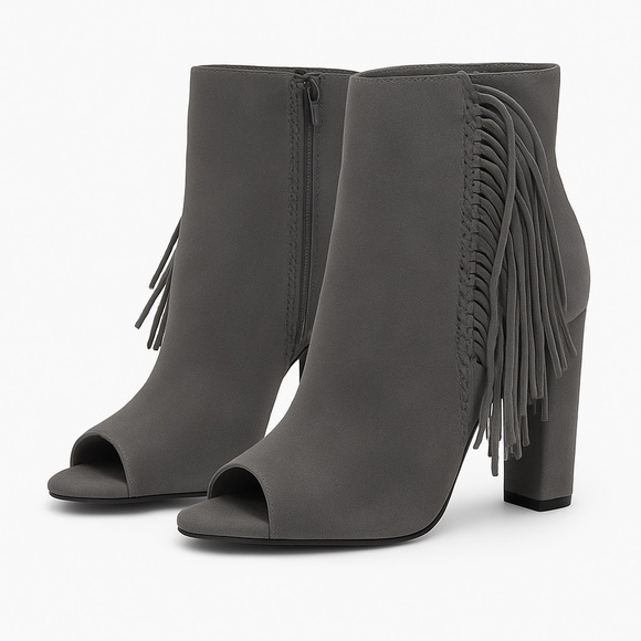 Gianni Bini Gray Suede Peep Toe Heeled Fringe Booties Size 9 - Picture 2 of 11
